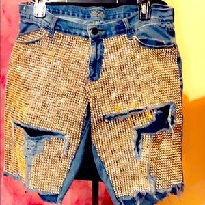 Womens boyfriend ripped gold bling shorts